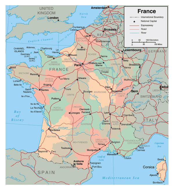 Detailed administrative map of France. France detailed administrative map.