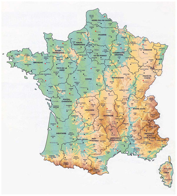 Detailed elevation map of France with administrative divisions.