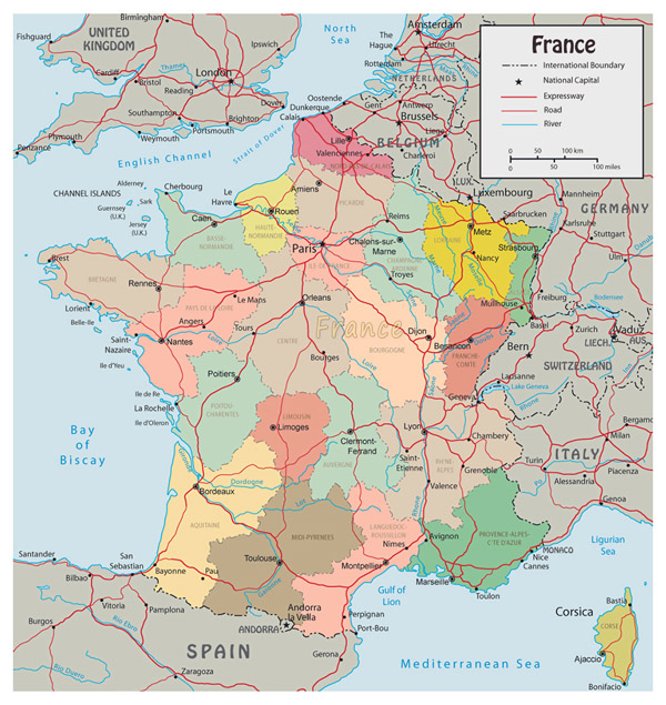 Detailed political map of France with roads and major cities.