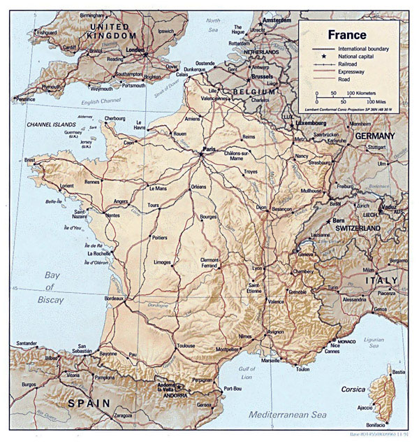 Detailed road, relief and political map of France.