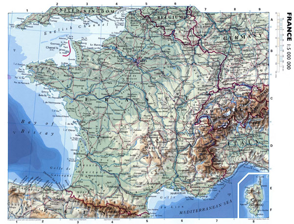 Large detailed elevation map of France. France large detailed elevation map.