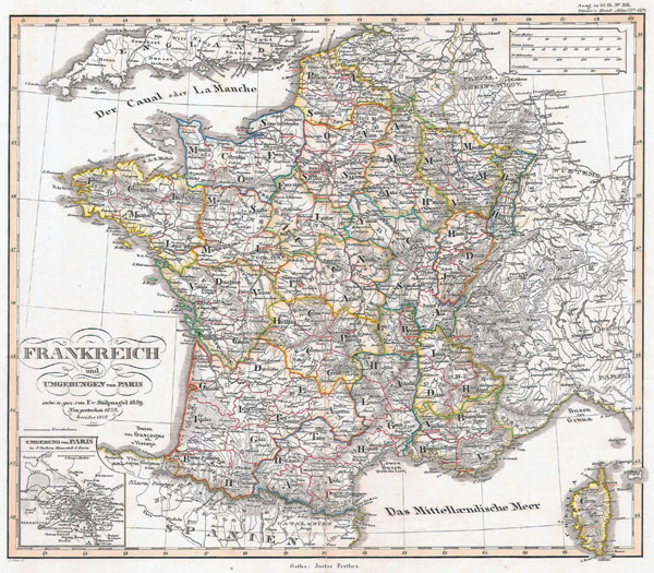 Large detailed old political and administrative map of France with relief - 1850.