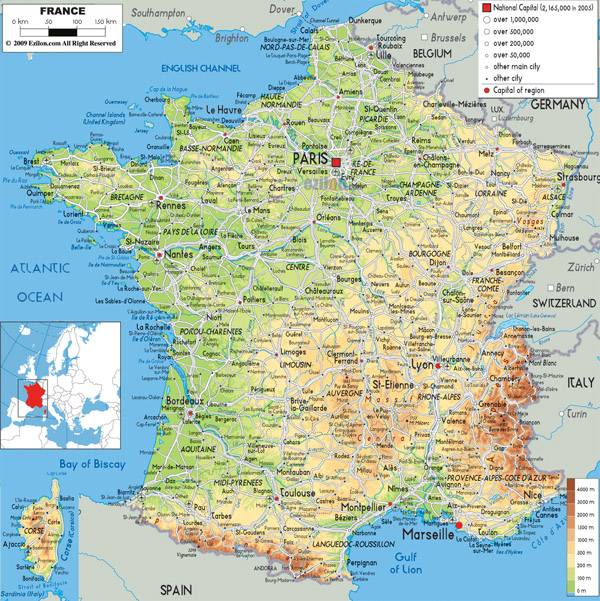 Large detailed physical map of France with all roads, cities and airports.