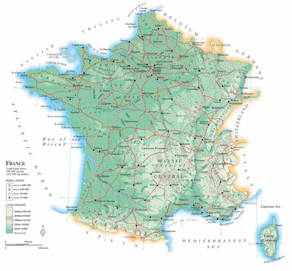 Large detailed physical map of France with roads and cities.