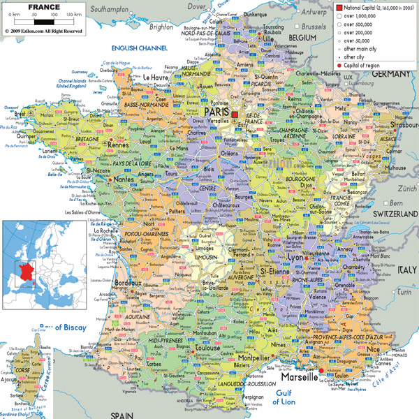 Large detailed political and administrative map of France with all roads, cities and airports.