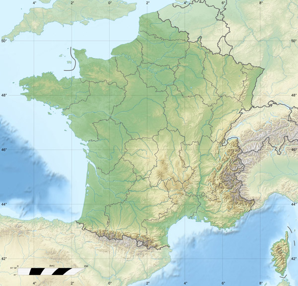 Large detailed relief map of France. France large detailed relief map.