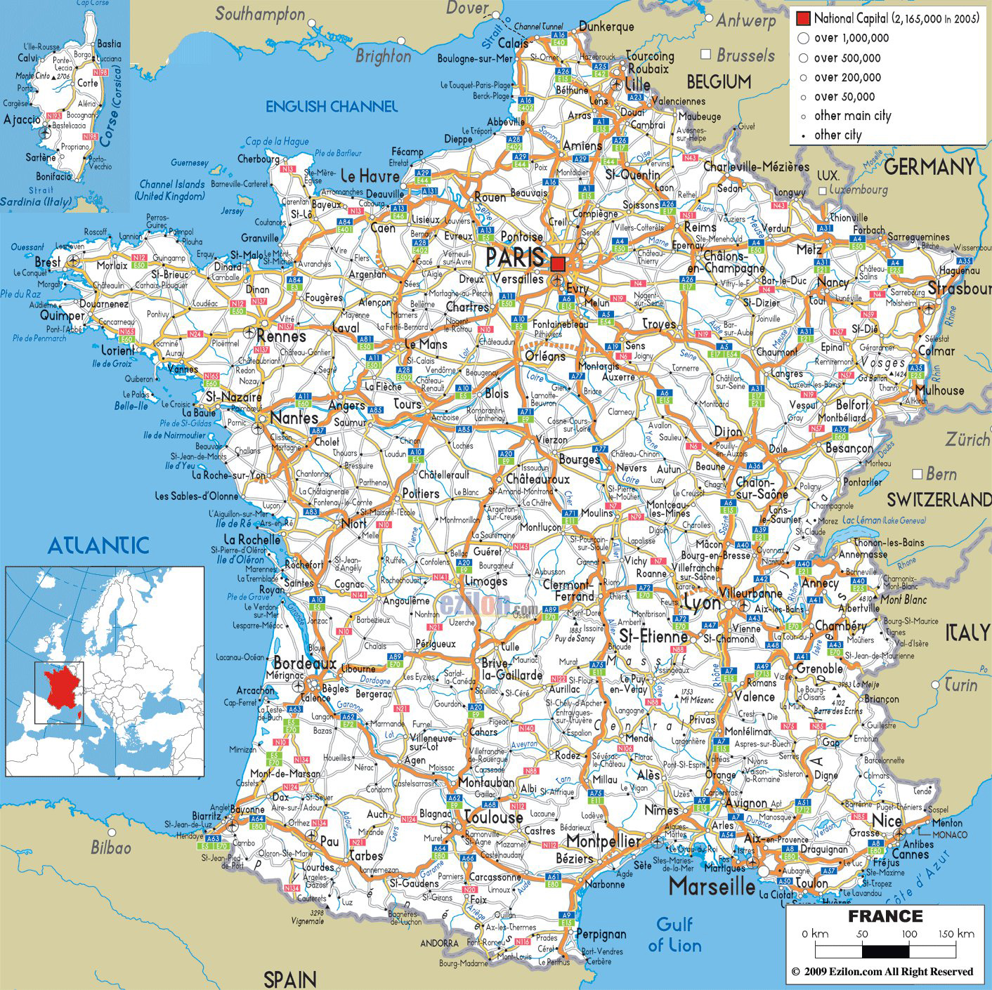 Large detailed road map of France with all cities and airports