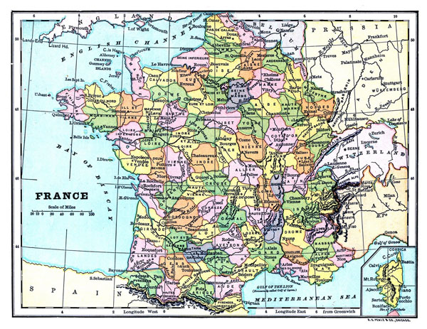 Large old political and administrative map of France.