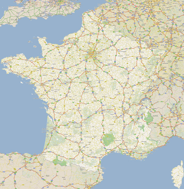 Large road map of France with all cities.