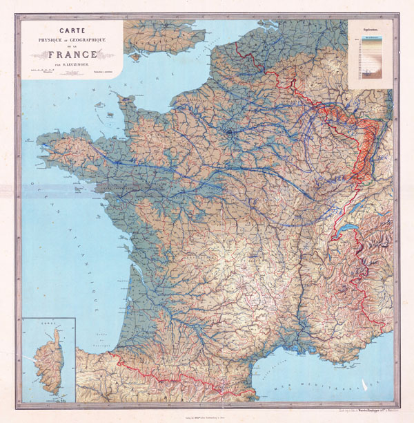 France large scale old physical map. Map of France.