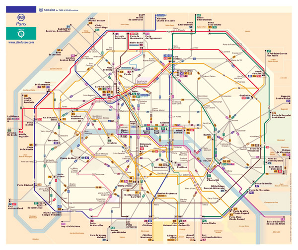 Detailed bus routes map of Paris city.