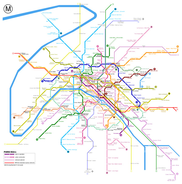 Detailed metro system map of Paris city.