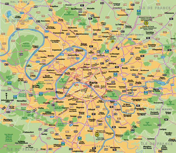 Detailed road map of Paris city region.