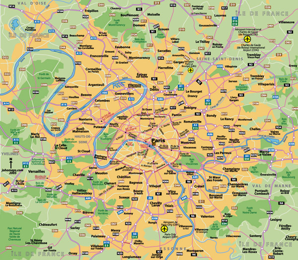 Detailed road map of Paris city region.