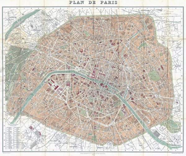 Large detailed old map of Paris city - 1892.