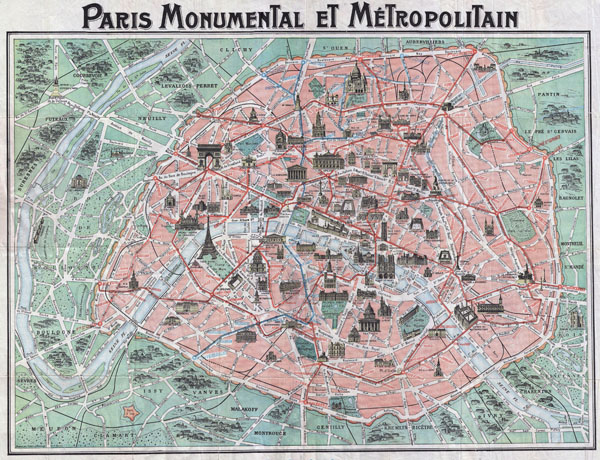 Large detailed old map of Paris city - 1932.