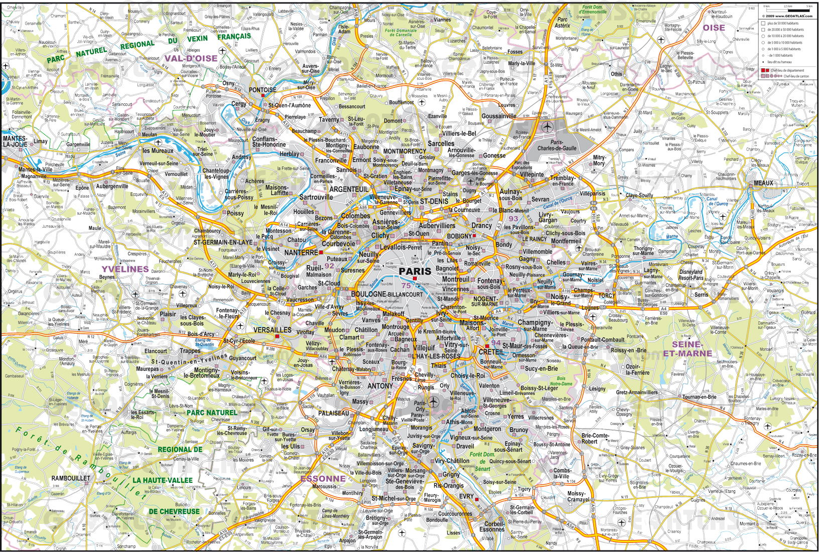 Large detailed road map of the environs of Paris city. Paris city ...