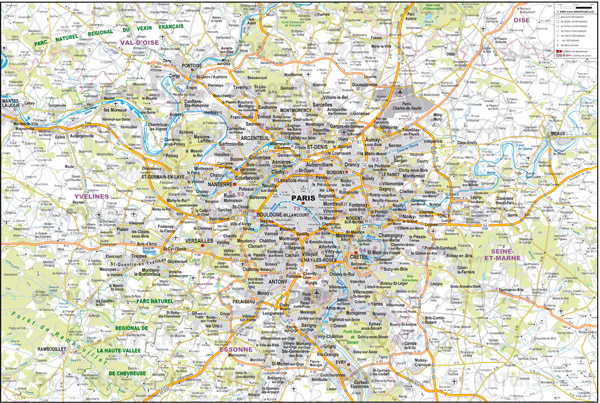 Large detailed road map of the environs of Paris city.