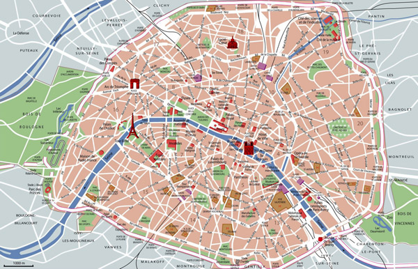 Large detailed tourist attractions map of Paris city.