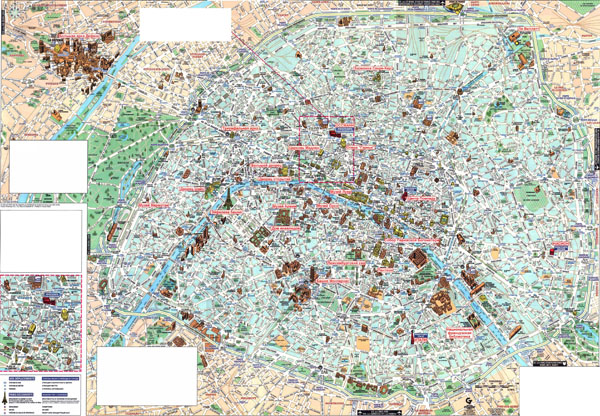 Large detailed tourist map of Paris city in russian and franch languages.