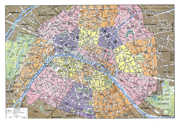 Large old road map of Paris with administrative subdivisions.