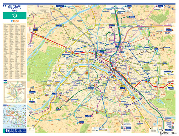 Large scale metro map of Paris city with roads.