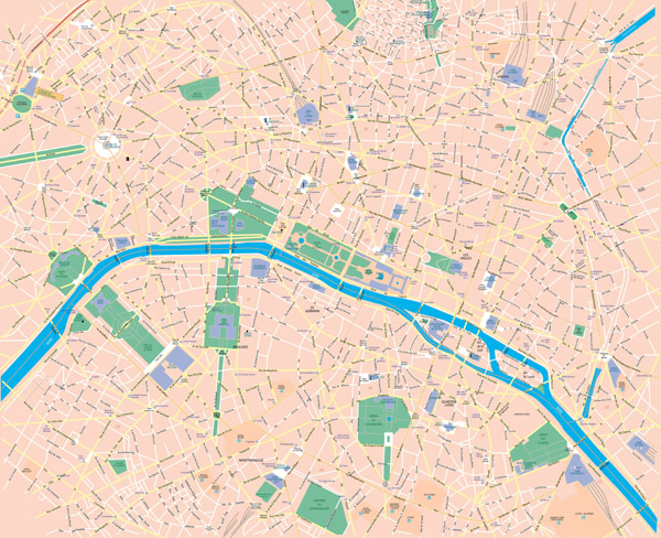 Large scale road map of central part of Paris city.