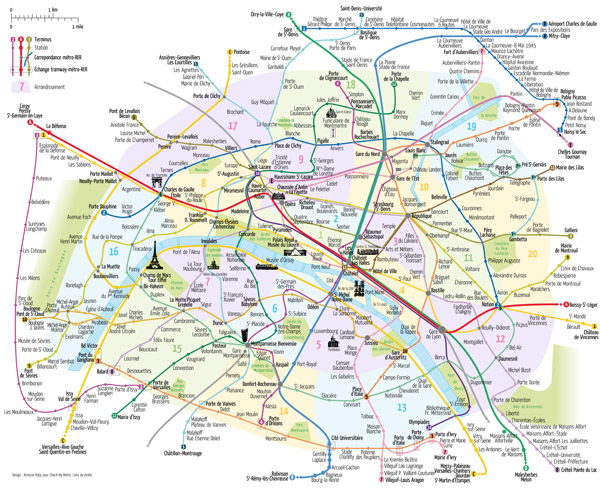 Large scale tourist attractions map of Paris city with metro lines.