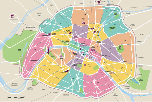 Large scale tourist map of Paris with administrative subdivisions.