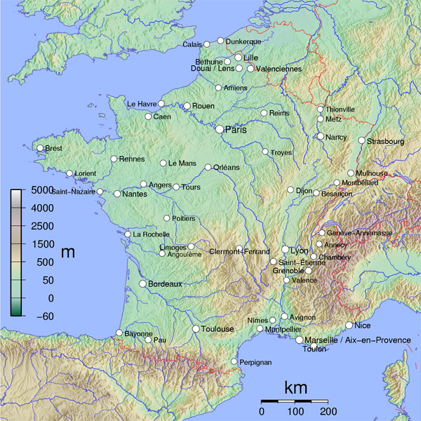 Physical map of France. France physical map.