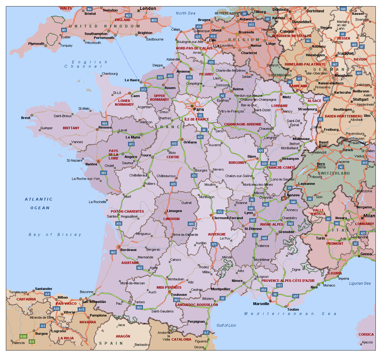 Political and administrative map of France with highways and major