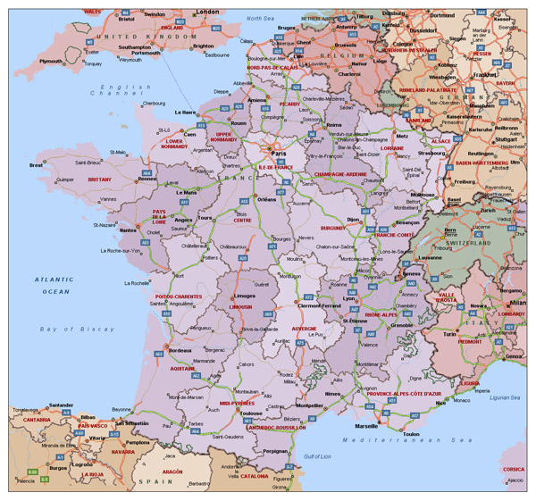 Political and administrative map of France with highways and major cities.