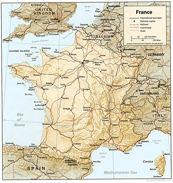 Relief and road map of France. France relief and road map.