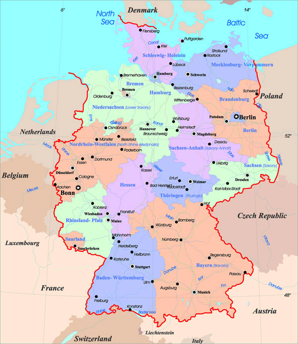 Administrative map of Germany. Germany administrative map.