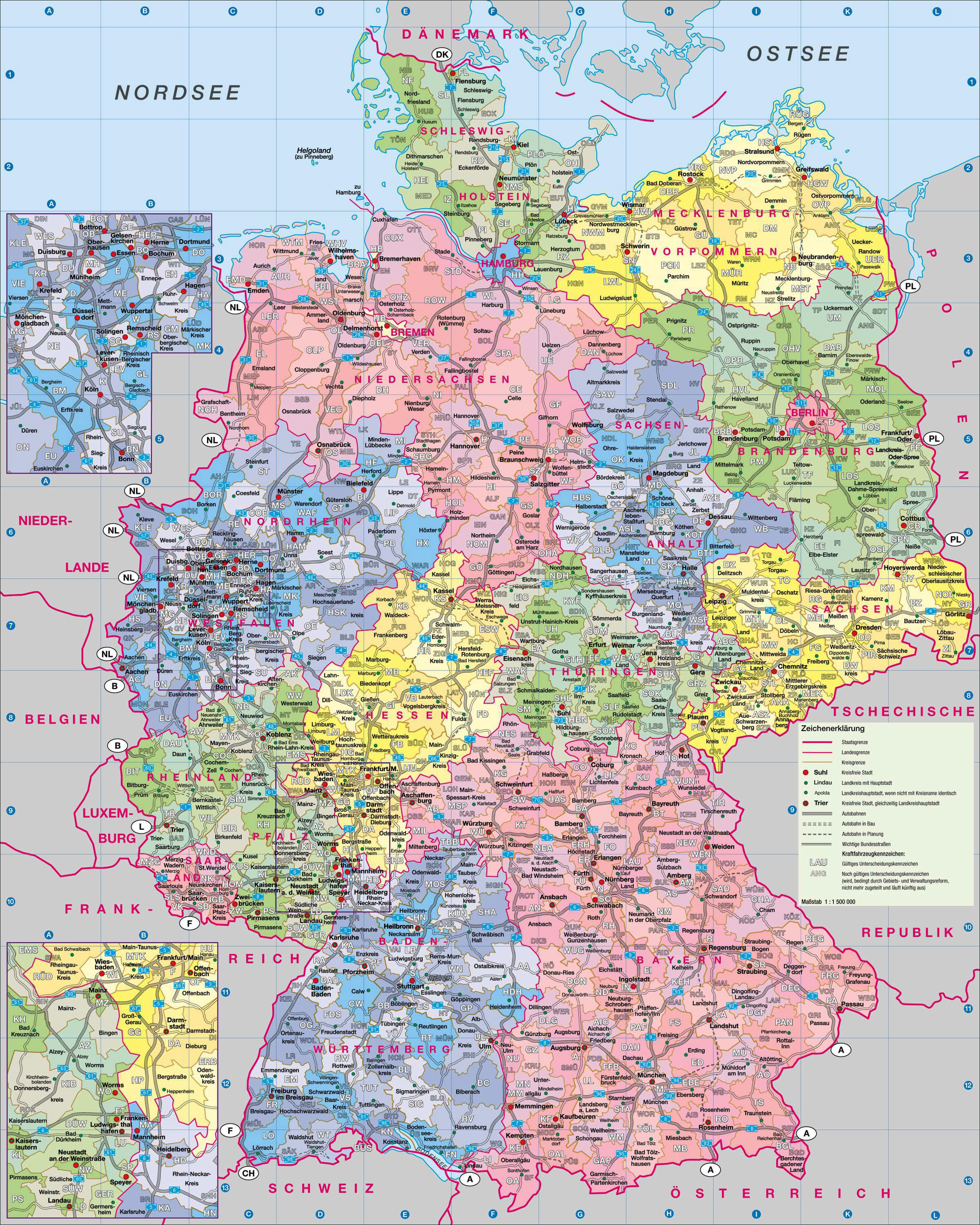 Large detailed administrative map of Germany with roads and cities