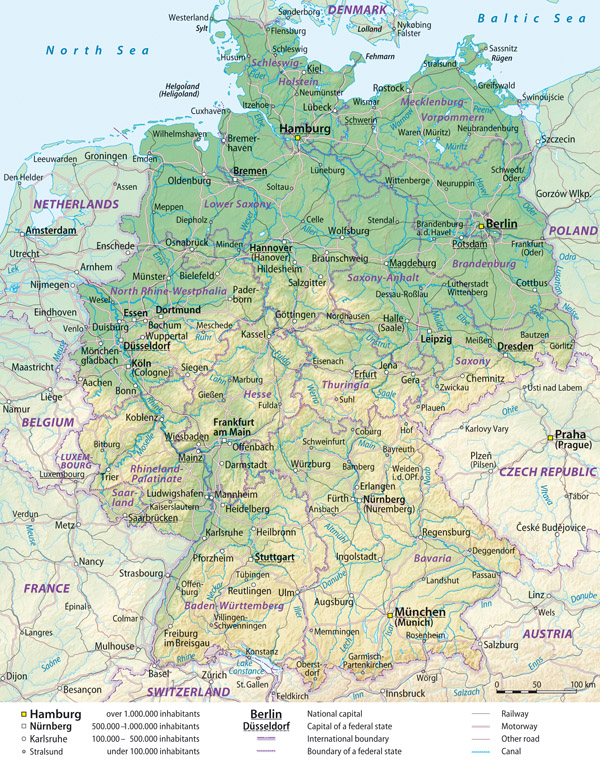 Large detailed general and relief map of Germany with cities and roads.