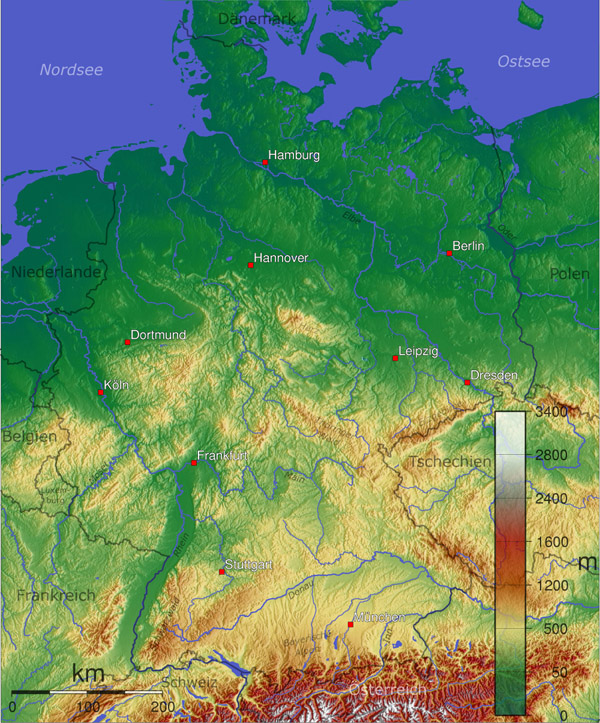 Large detailed physical map of Germany.