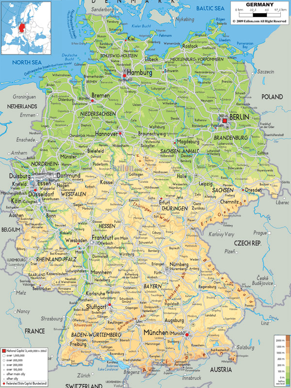 Large detailed physical map of Germany with all cities, roads and airports.
