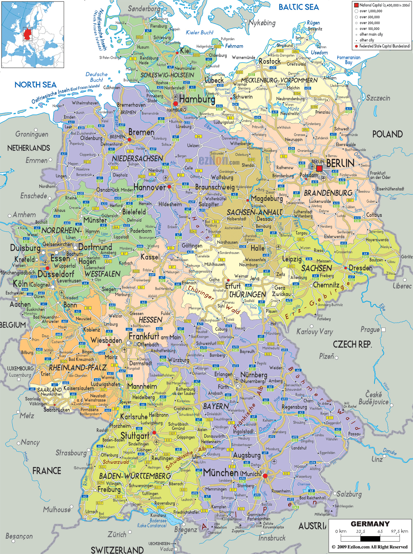 Large detailed political and administrative map of Germany with all