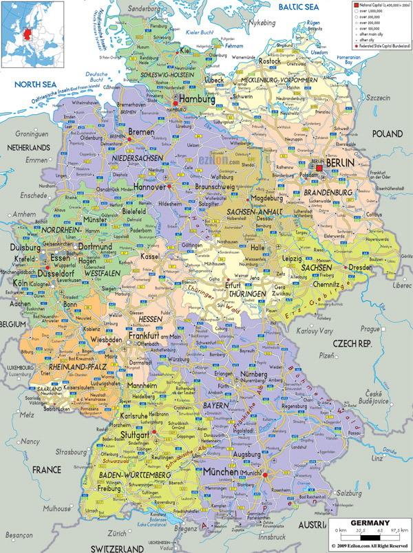 Large detailed political and administrative map of Germany with all cities, roads and airports.