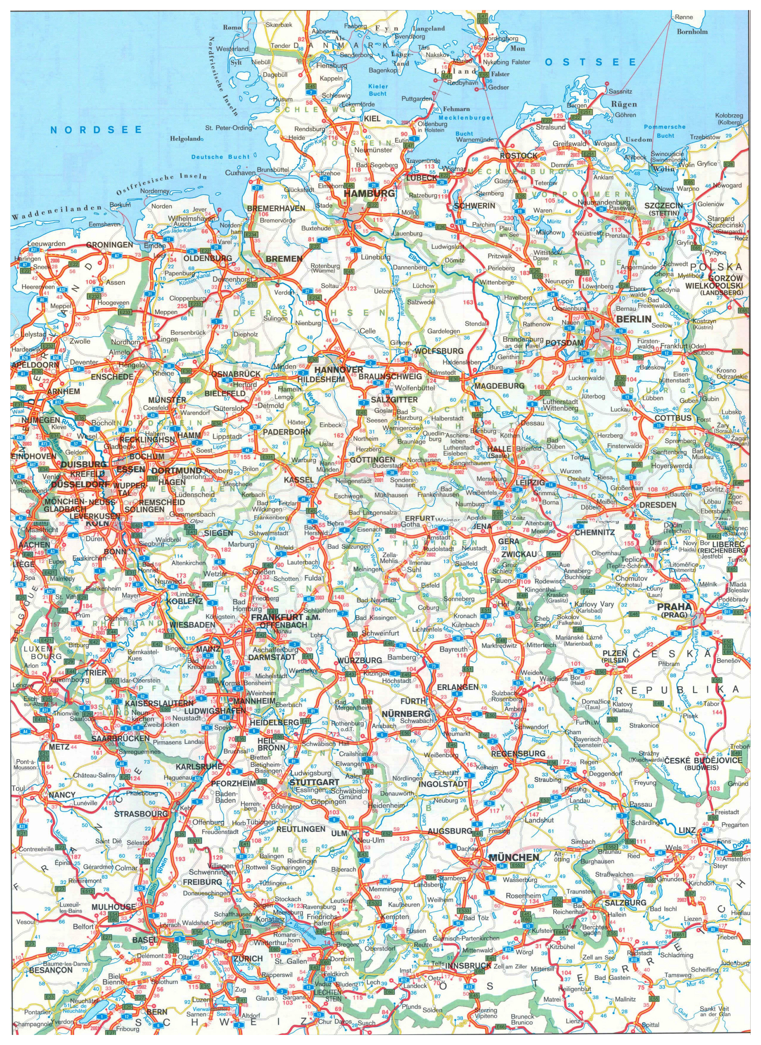 Large detailed road map of Germany with all cities. Germany large