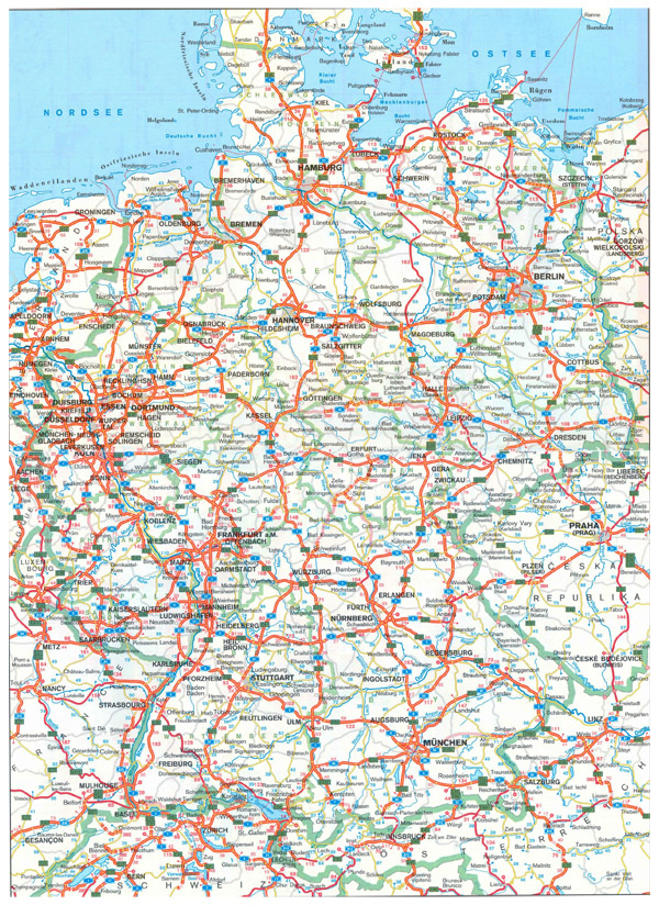 Large detailed road map of Germany with all cities.