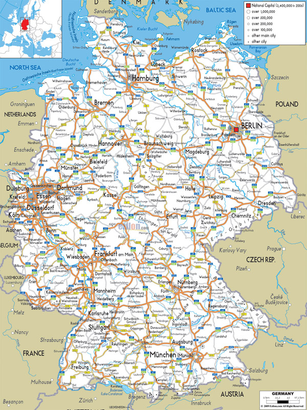 Large detailed road map of Germany with all cities and airports.