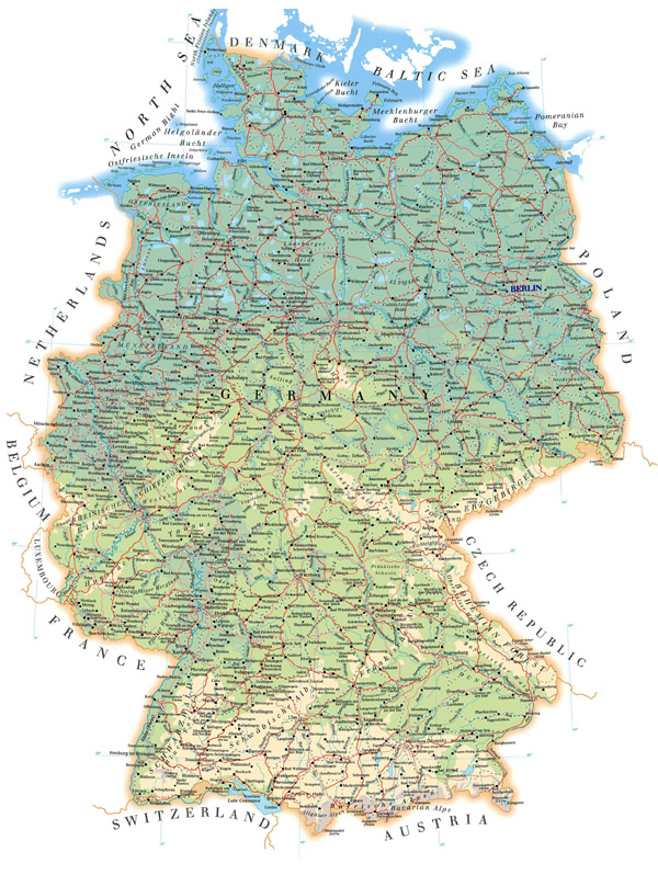 Large detailed road map of Germany with all cities, villages and airports.