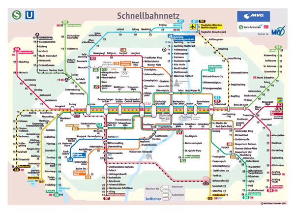 Detailed public transport system map of Munich city.