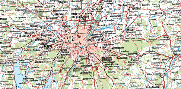 Large detailed map of Munich city region.