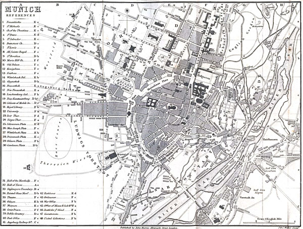 Large detailed old map of Munich city - 1858.