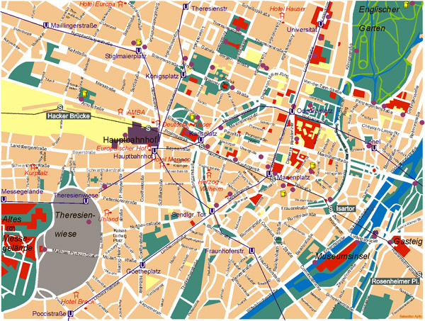 Large detailed road map of central part of Munich city.