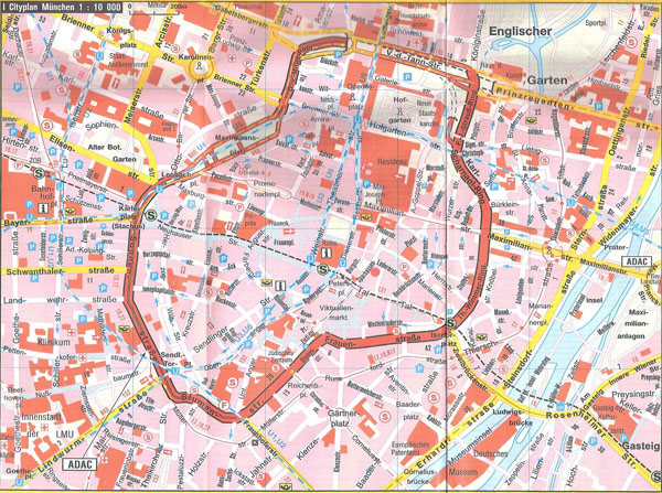 Large detailed tourist map of central part of Munich city.