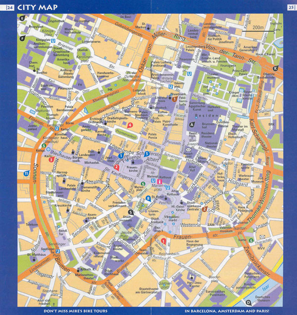 Large detailed travel map of central part of Munich city.